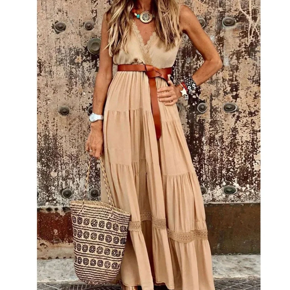 Boho Tan Surplice Sleeveless Ruffle Hem Maxi Dress - Picture 3 of 7